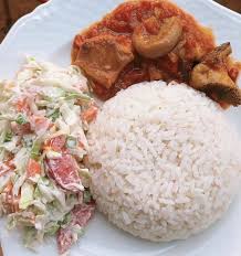White Rice and stew, salad, and Turkey